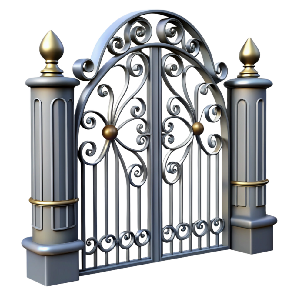 radiant playful classic Wrought iron gate, decorative scrolls, NO BACKGROUND with Transparent Background. 8K png
