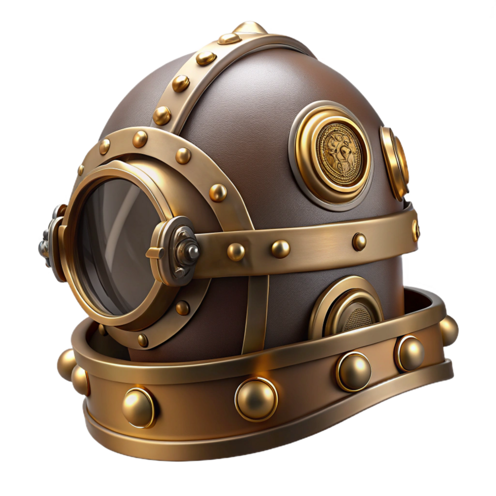 extraordinary nordic Steampunk helmet with a visor and intricate brass details. NO BACKGROUND with Transparent Background. precision png