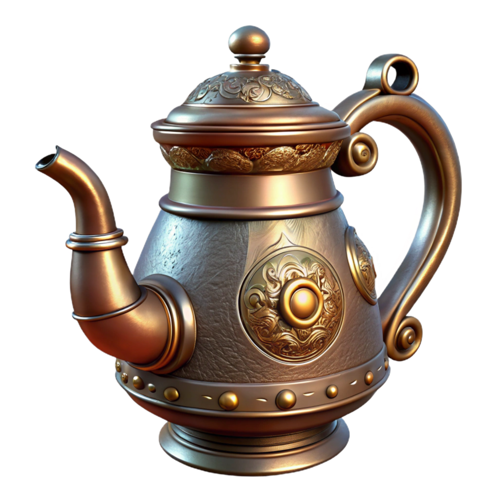 sought-after art deco Steampunk teapot with a brass spout and intricate engravings. NO BACKGROUND with Transparent Background. high quality png
