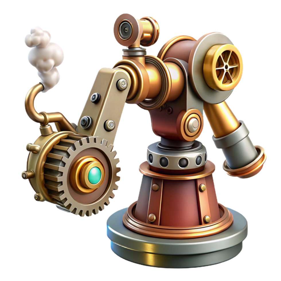calm impressive Steampunk robotic arm with exposed gears and steam vents. NO BACKGROUND with Transparent Background. museum quality png