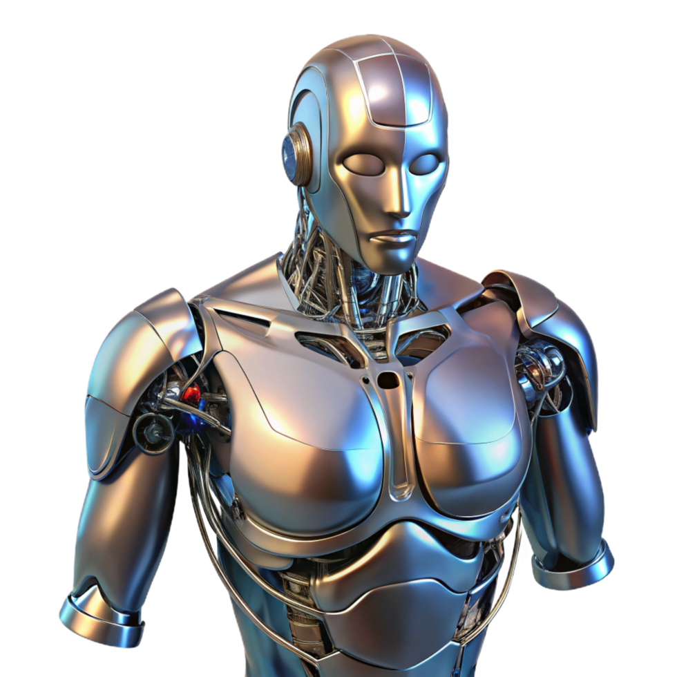beautiful industrial Metallic robot torso with exposed wiring NO BACKGROUND with Transparent Background. crisp png