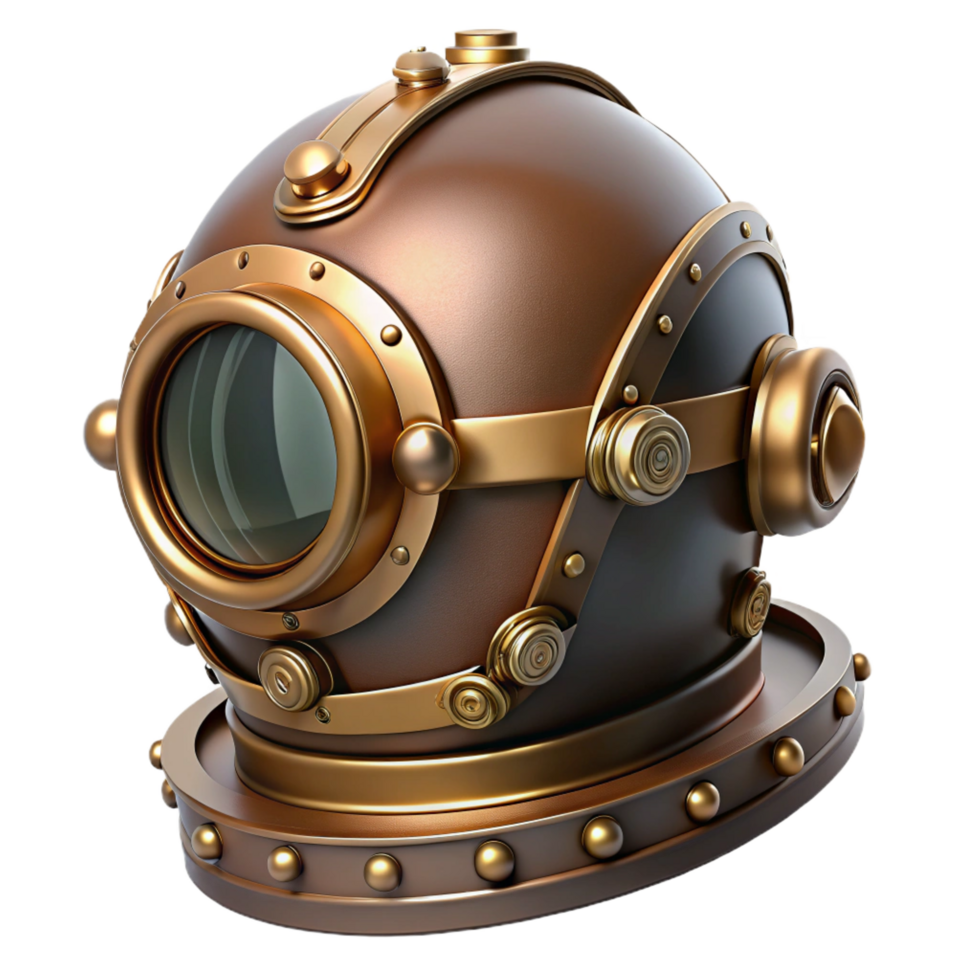 captivating mid-century Steampunk helmet with a visor and intricate brass details. NO BACKGROUND with Transparent Background. original png