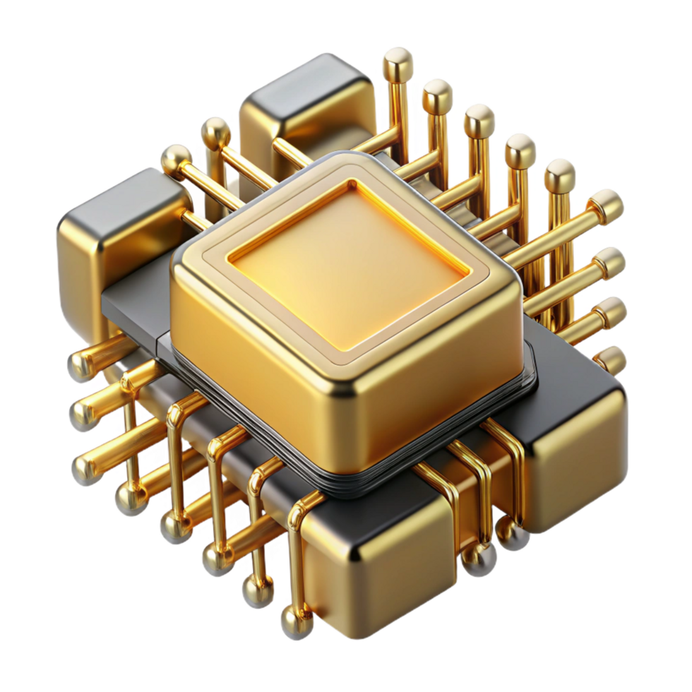 bold gorgeous Quantum computer processor with intricate gold wiring. NO BACKGROUND with Transparent Background. handcrafted png