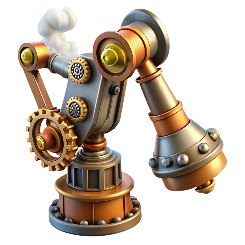 exemplary gothic Steampunk robotic arm with exposed gears and steam vents. NO BACKGROUND with Transparent Background. refined png