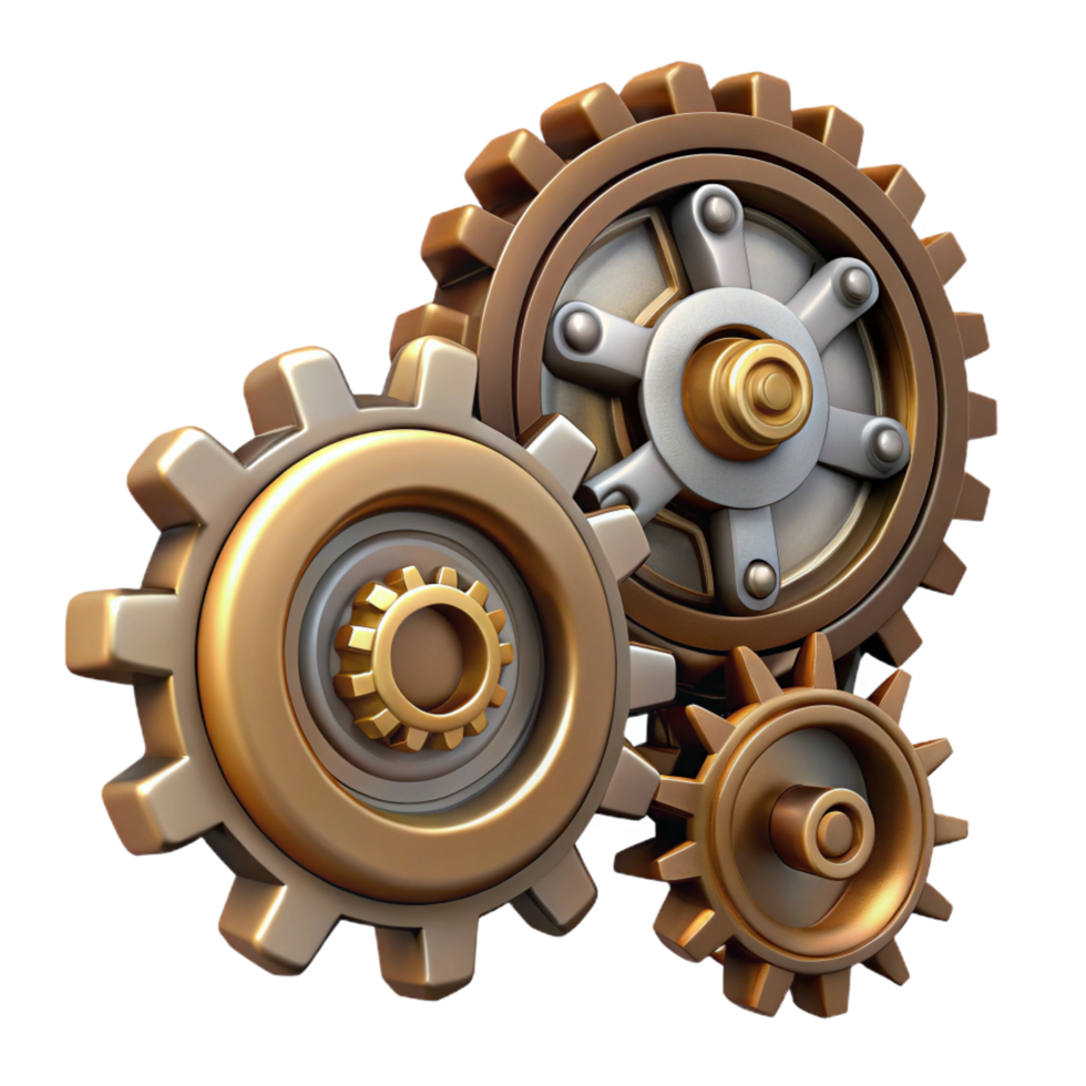 unparalleled abstract Steampunk gear set with various sizes and intricate teeth. NO BACKGROUND with Transparent Background. 4K png