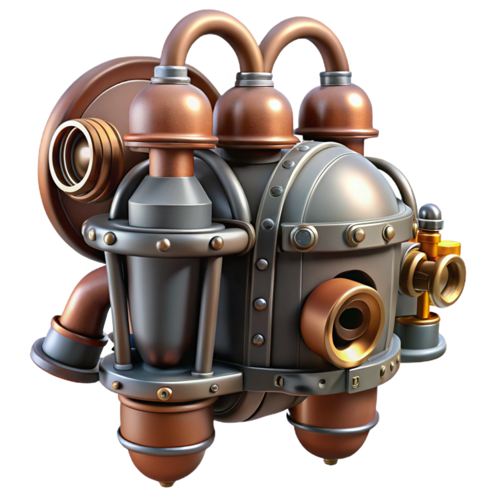 pristine rare Steampunk jetpack with miniature steam engines and copper pipes. NO BACKGROUND with Transparent Background. png