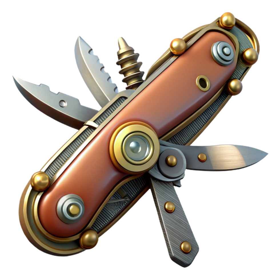 extraordinary timeless Steampunk pocketknife with multiple blades and intricate tools. NO BACKGROUND with Transparent Background. png