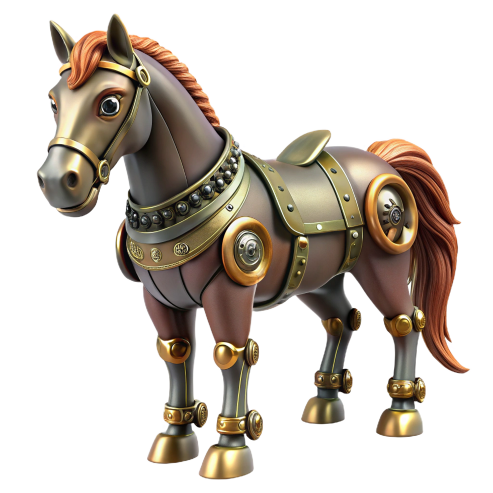 dramatic art deco Steampunk robotic horse with articulated legs and a saddle. NO BACKGROUND with Transparent Background. high quality png