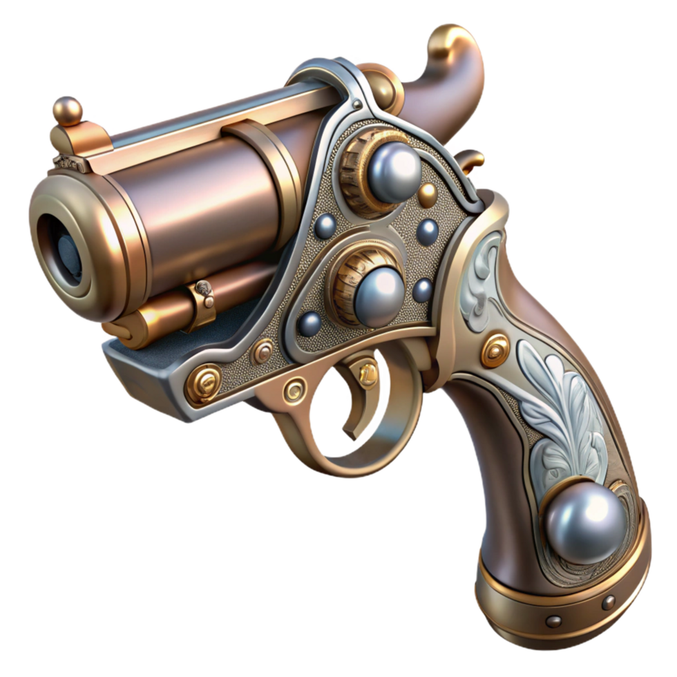 captivating calm coastal Steampunk pistol with ornate engravings and a pearl handle. NO BACKGROUND with Transparent Background. masterfully captured png