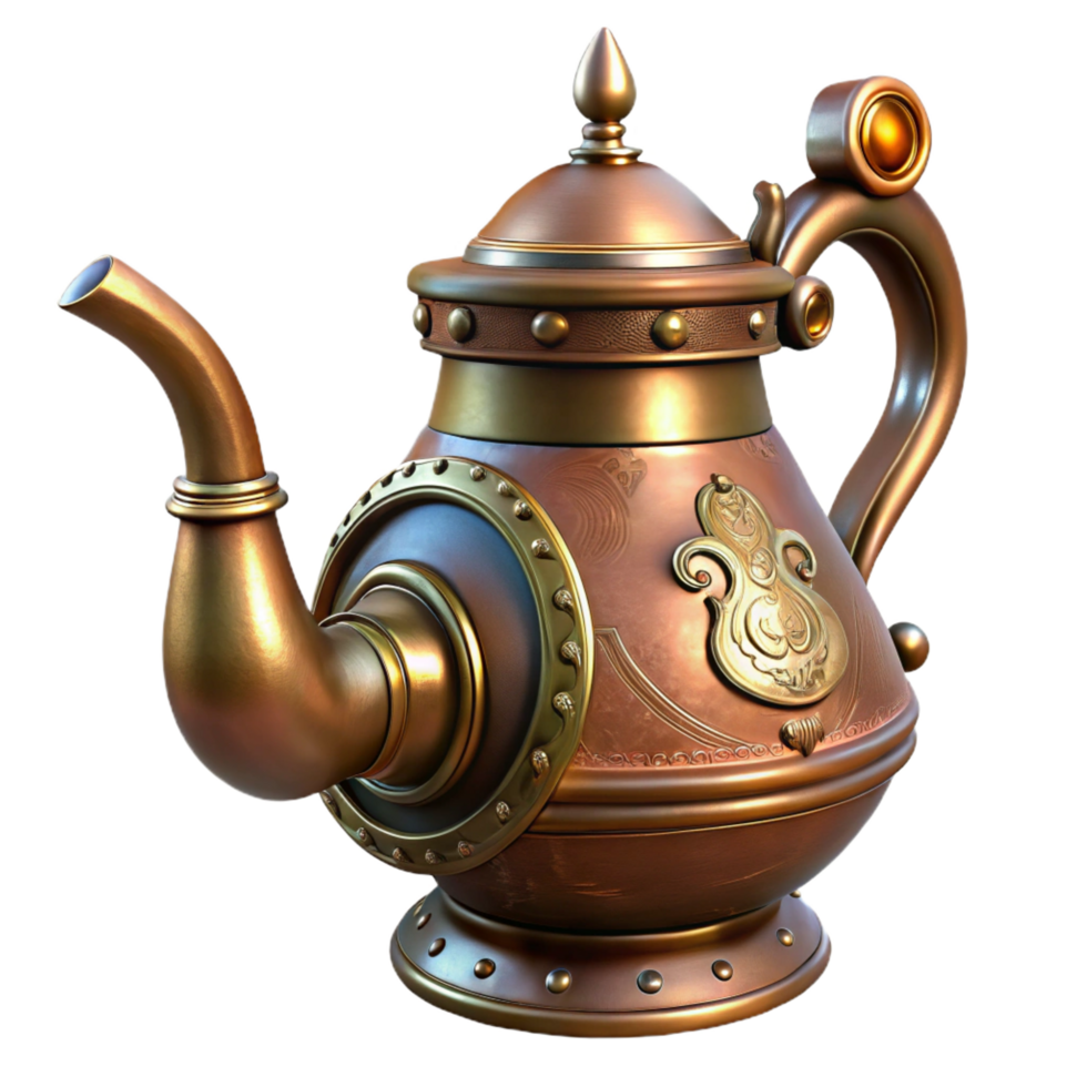elegant dreamy artistic Steampunk teapot with a brass spout and intricate engravings. NO BACKGROUND with Transparent Background. sharp png