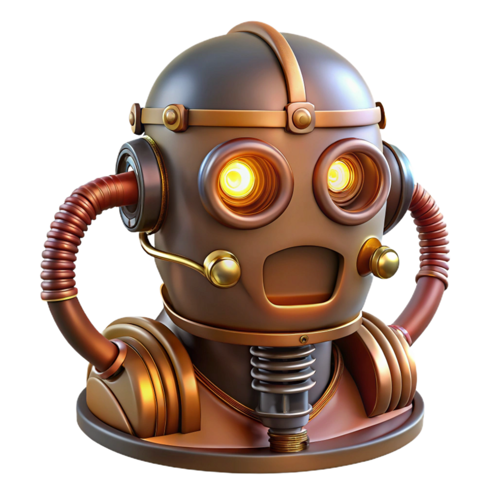 spectacular ethereal retro Steampunk robot head with glowing vacuum tubes and wires. NO BACKGROUND with Transparent Background. handcrafted png