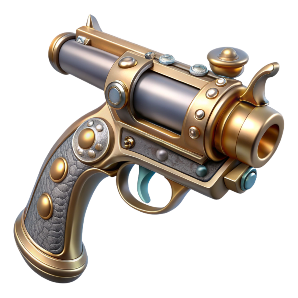 vibrant modern Steampunk pistol with ornate engravings and a pearl handle. NO BACKGROUND with Transparent Background. precision png