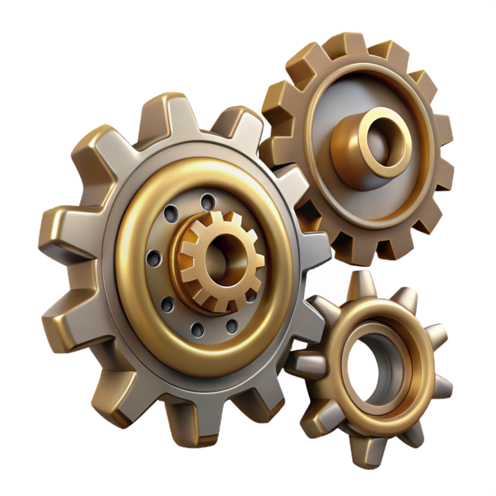 pristine victorian Steampunk gear set with various sizes and intricate teeth. NO BACKGROUND with Transparent Background. handcrafted png