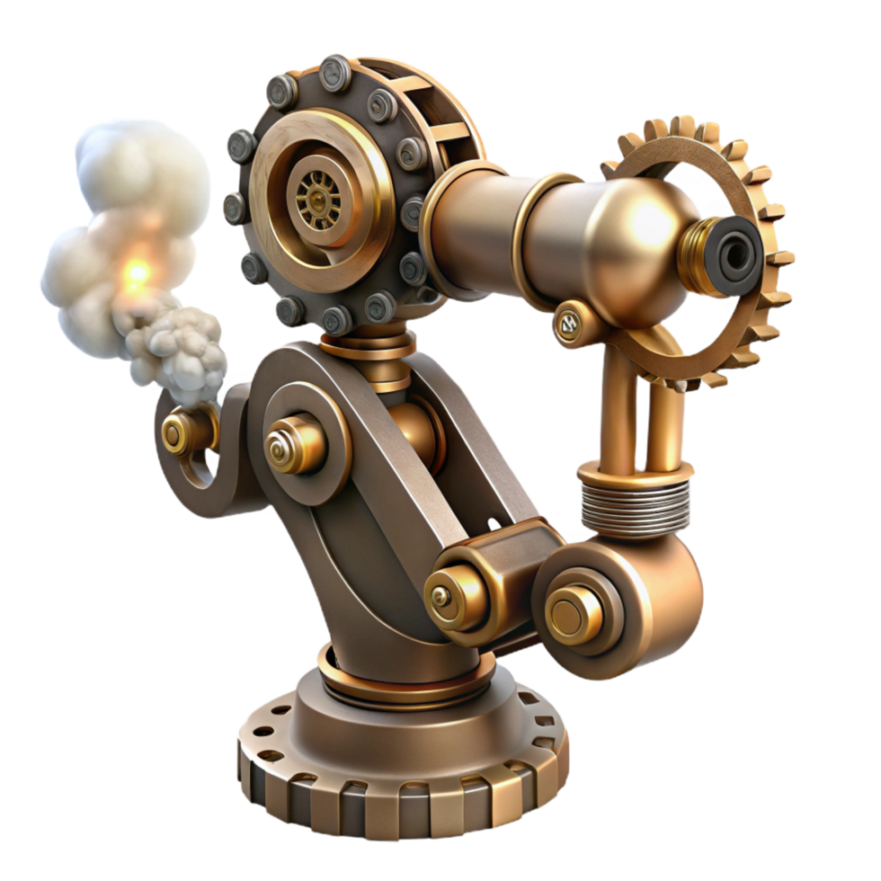 spectacular artistic Steampunk robotic arm with exposed gears and steam vents. NO BACKGROUND with Transparent Background. authentic png