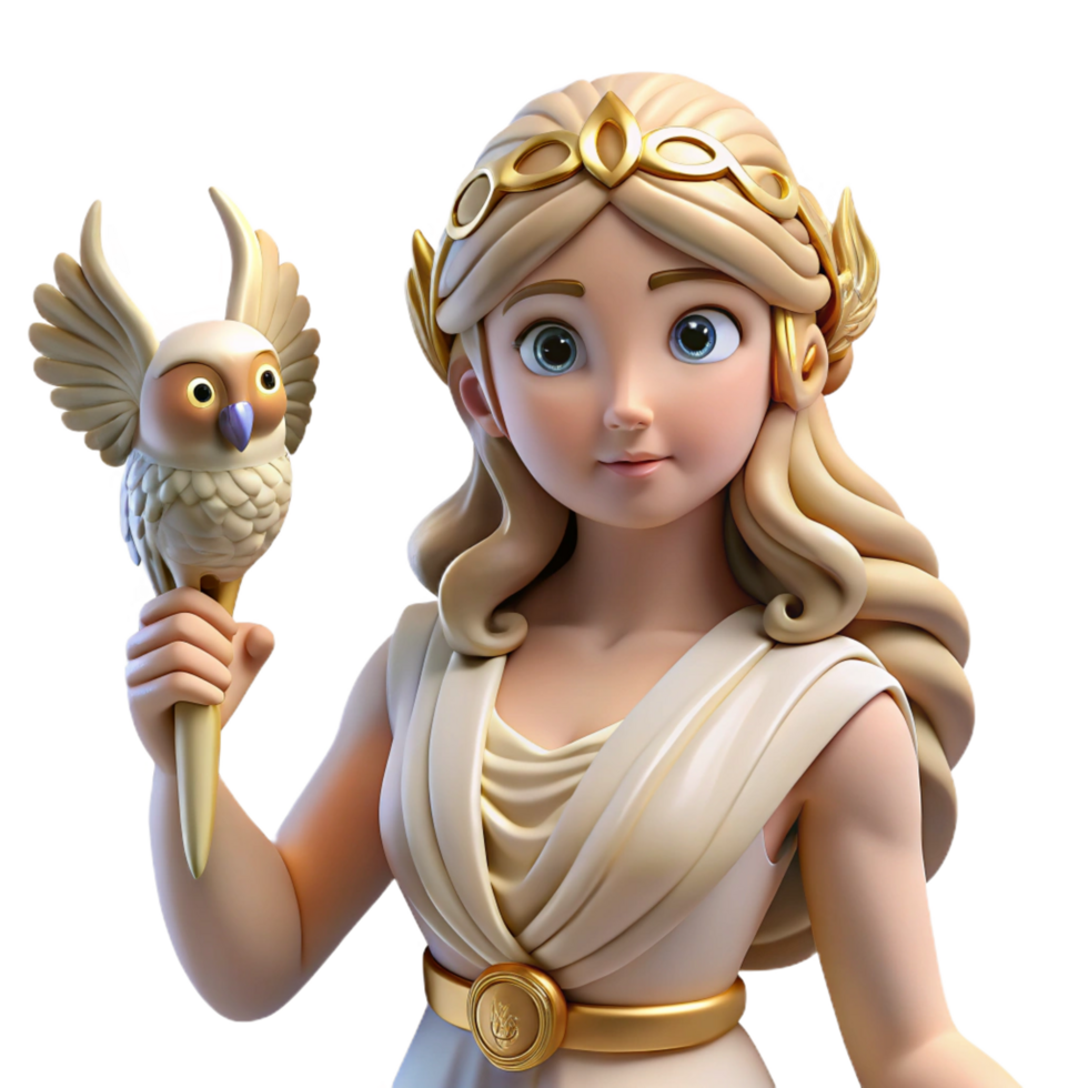 dramatic iconic Athena, Goddess of Wisdom, holding owl, NO BACKGROUND with Transparent Background. png