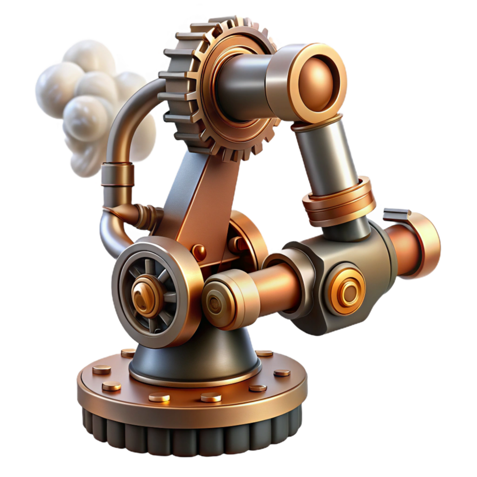 picturesque coveted Steampunk robotic arm with exposed gears and steam vents. NO BACKGROUND with Transparent Background. png