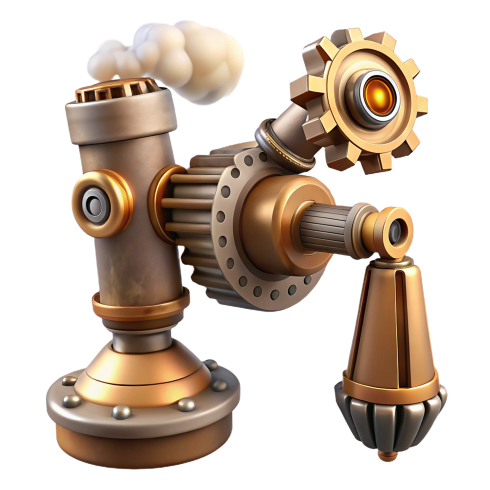 beautiful dramatic nordic Steampunk robotic arm with exposed gears and steam vents. NO BACKGROUND with Transparent Background. crisp png