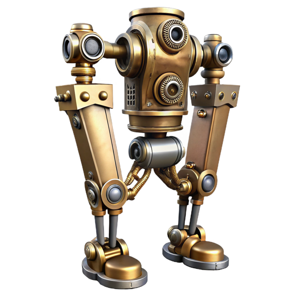 dazzling timeless Steampunk robotic leg with intricate pistons and metal plating. NO BACKGROUND with Transparent Background. png