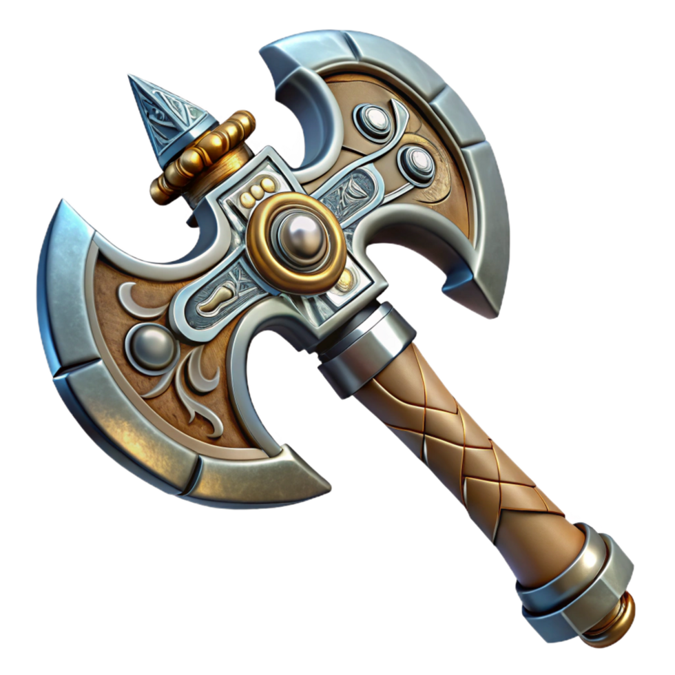 coveted creative Steampunk axe with a double-headed blade and intricate carvings. NO BACKGROUND with Transparent Background. handcrafted png