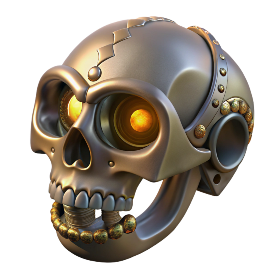 mesmerizing dreamy bohemian Steampunk skull ring with intricate engravings and glowing eyes. NO BACKGROUND with Transparent Background. crisp png