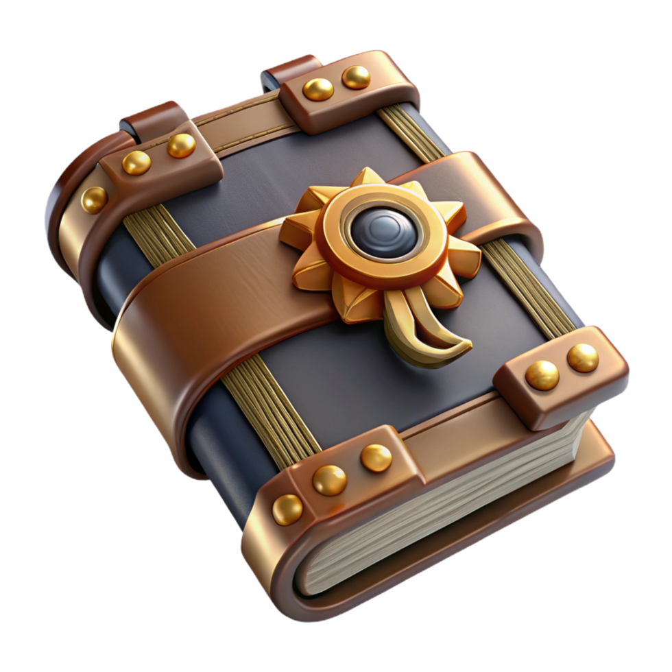 tranquil glorious Steampunk book with metal clasps and intricate cover designs. NO BACKGROUND with Transparent Background. top-tier png