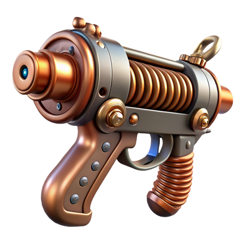 joyful hypnotic Steampunk ray gun with copper coils and a wooden handle. NO BACKGROUND with Transparent Background. refined png