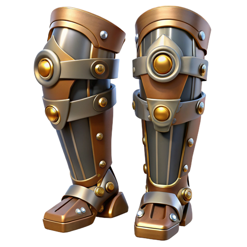 celebrated retro Steampunk leg armor with articulated joints and metal plating. NO BACKGROUND with Transparent Background. crisp png