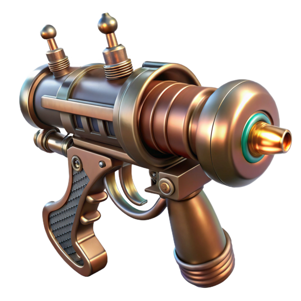 spectacular minimalist Steampunk ray gun with copper piping and glowing vacuum tubes. NO BACKGROUND with Transparent Background. masterfully captured png
