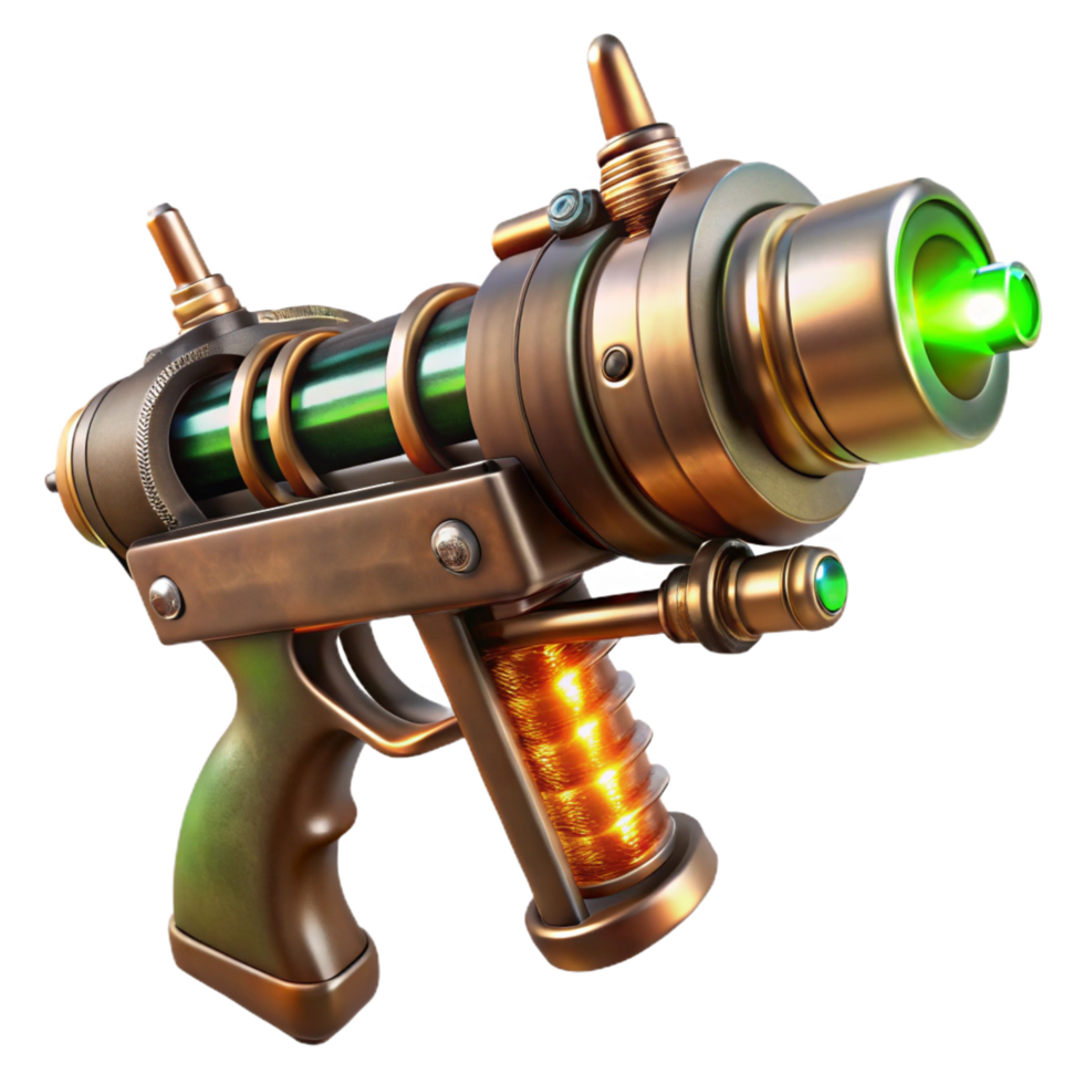 stunning exemplary Steampunk ray gun with glowing vacuum tubes and wooden stock. NO BACKGROUND with Transparent Background. png