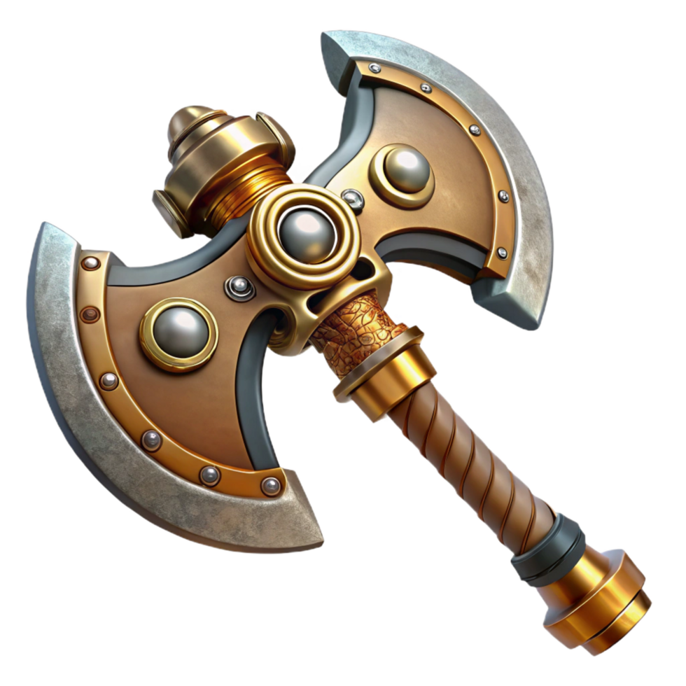distinguished creative Steampunk axe with a double-headed blade and intricate carvings. NO BACKGROUND with Transparent Background. museum quality png