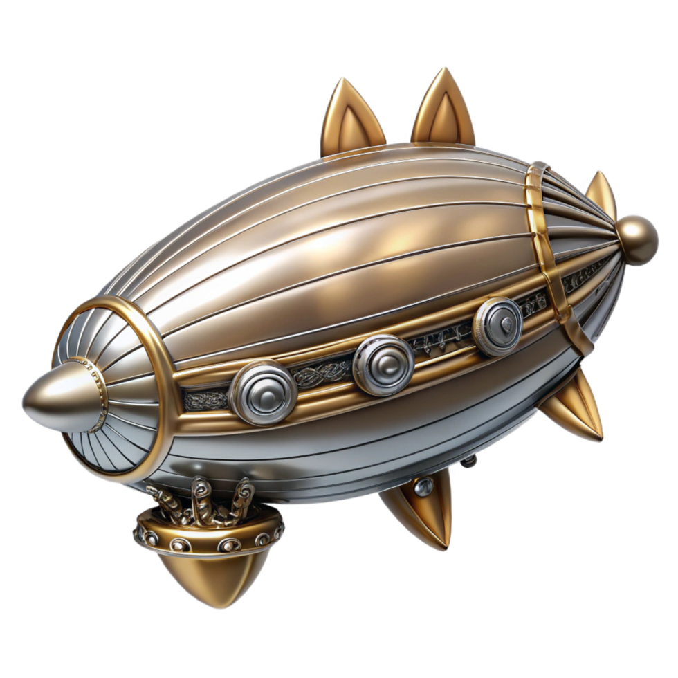 serene harmonious industrial Steampunk zeppelin miniature with intricate details and a silver finish. NO BACKGROUND with Transparent Background. exclusive png