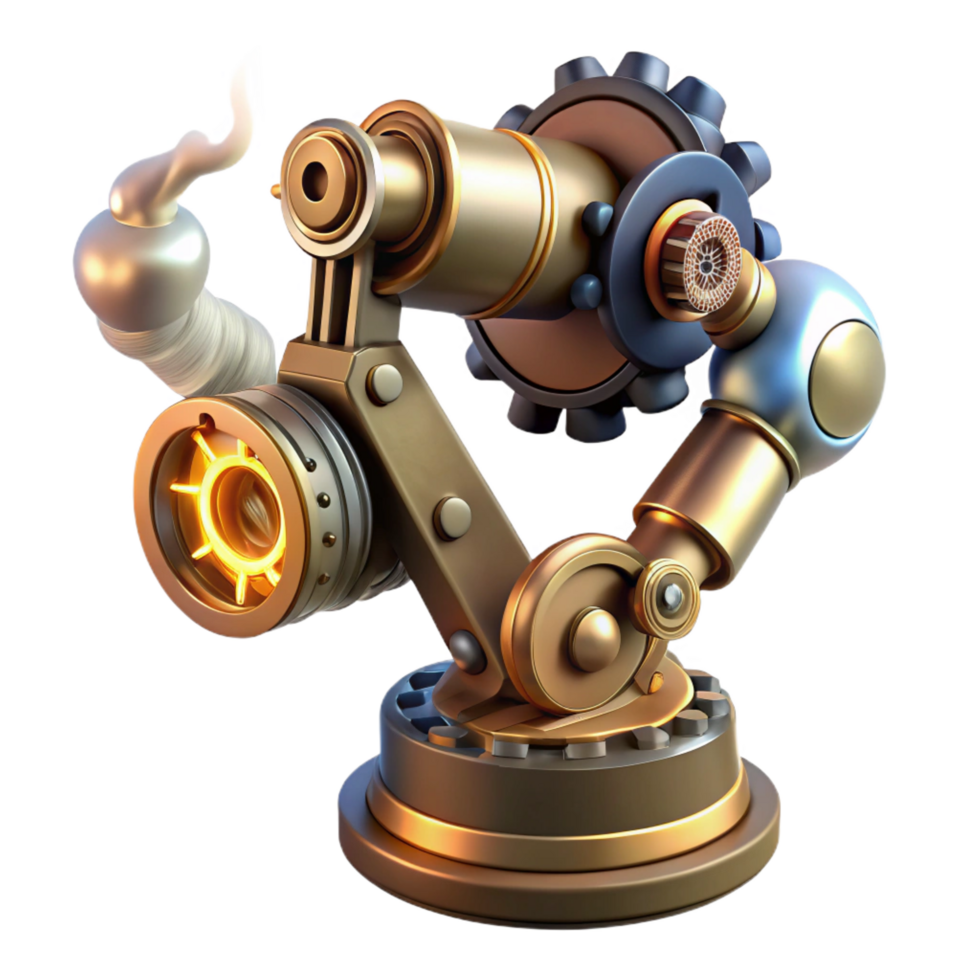pristine vintage Steampunk robotic arm with exposed gears and steam vents. NO BACKGROUND with Transparent Background. museum quality png