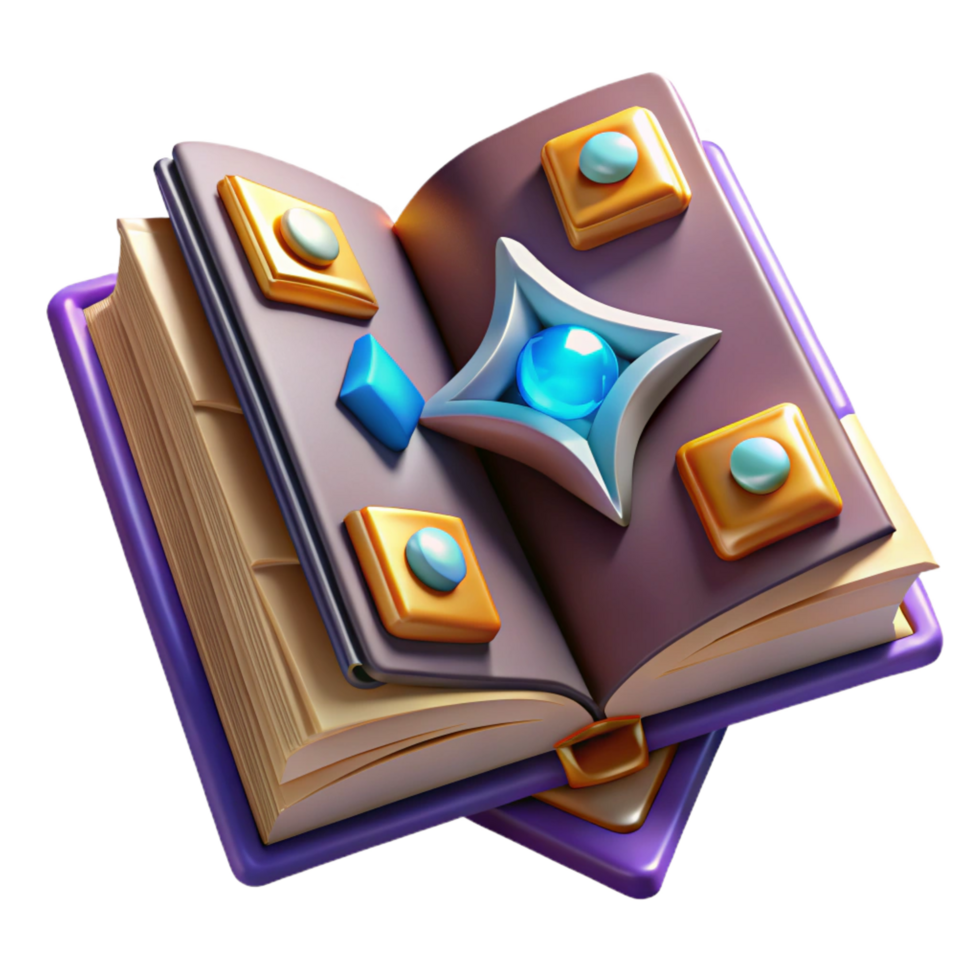 striking unforgettable A stylized, open grimoire, filled with arcane symbols. NO BACKGROUND with Transparent Background. png