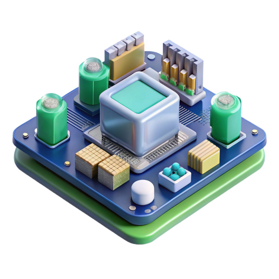 iconic modern A motherboard, with components attached. NO BACKGROUND with Transparent Background. 4K png