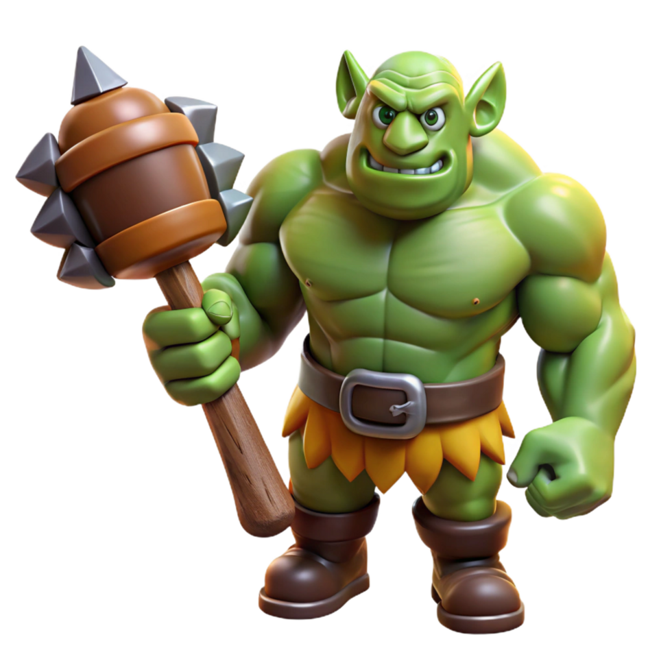 acclaimed art deco A muscular ogre fist, clutching a rough-hewn club. NO BACKGROUND with Transparent Background. detailed png