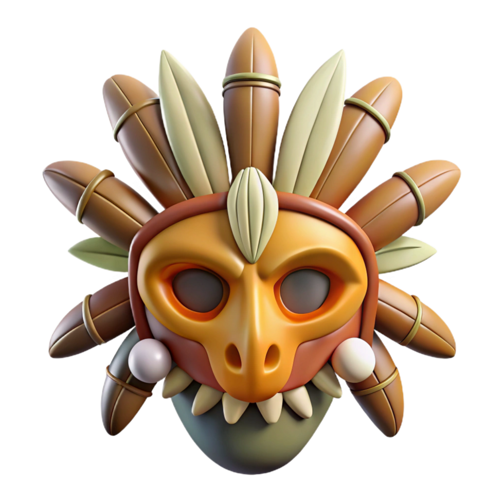 mysterious majestic A stylized tribal mask, with feathers and bone accents. NO BACKGROUND with Transparent Background. handcrafted png