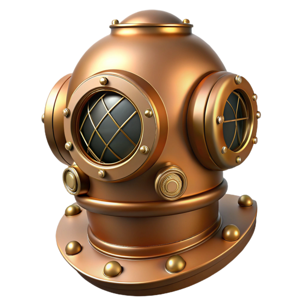 mesmerizing unparalleled Steampunk diving helmet with brass portholes and breathing tubes. NO BACKGROUND with Transparent Background. png