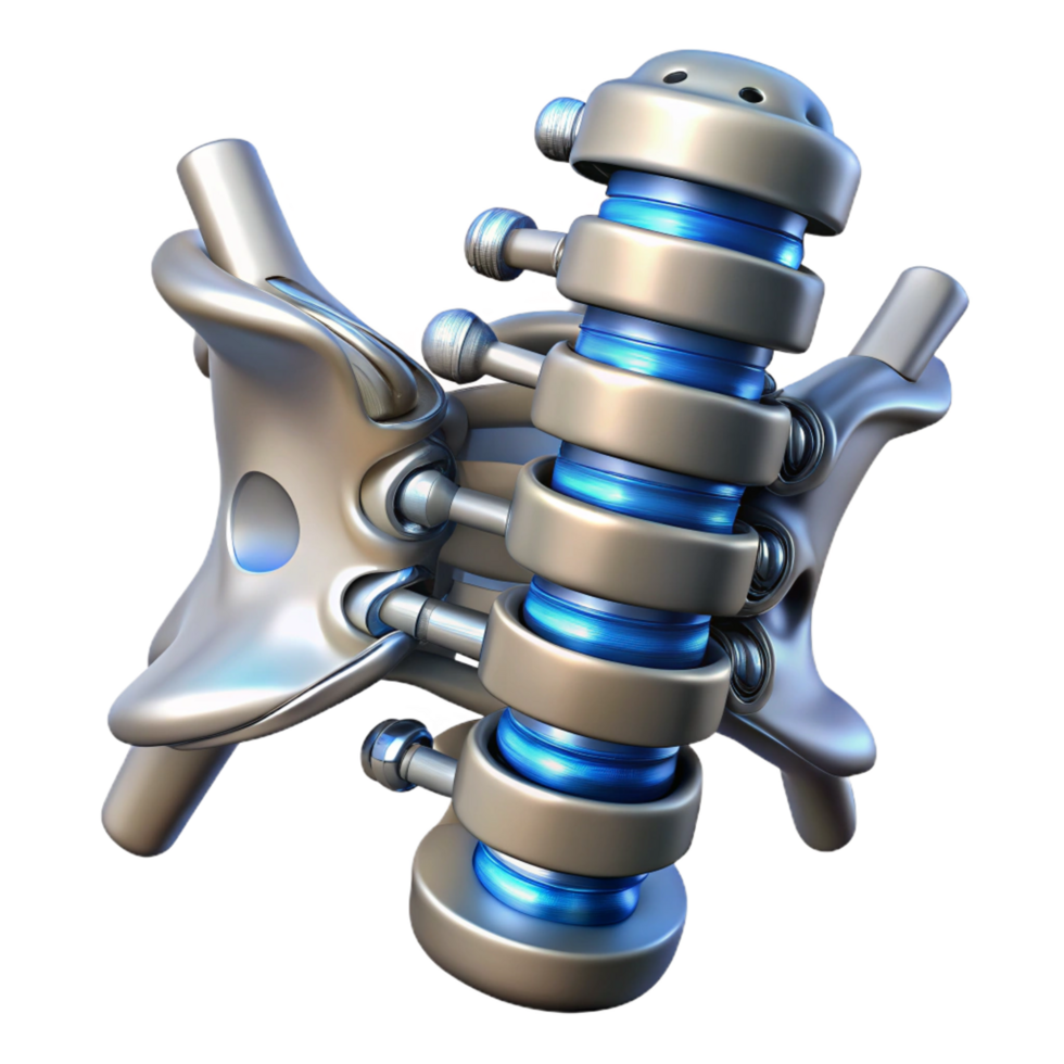 dynamic alluring Cybernetic spine implant, metallic vertebrae, intricate wiring. NO BACKGROUND with Transparent Background. handcrafted png