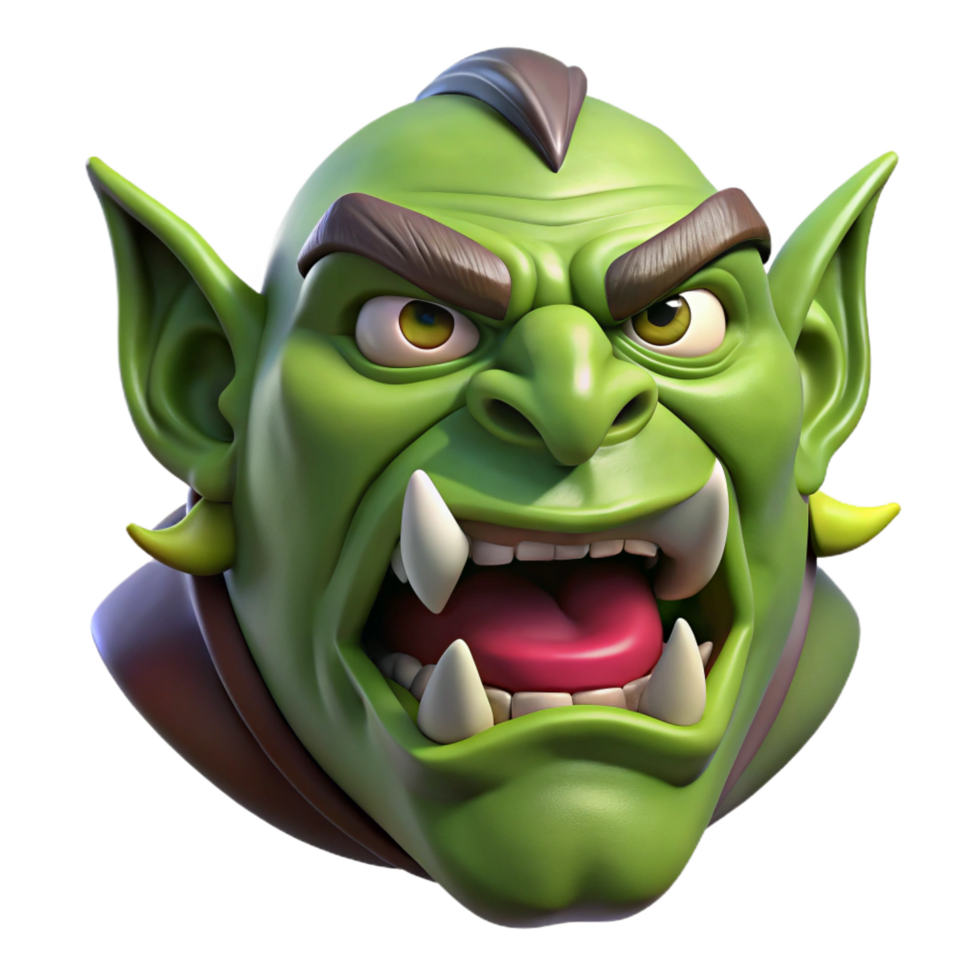 coveted retro Orc head, tusks, angry expression, scarred face NO BACKGROUND with Transparent Background. handcrafted png
