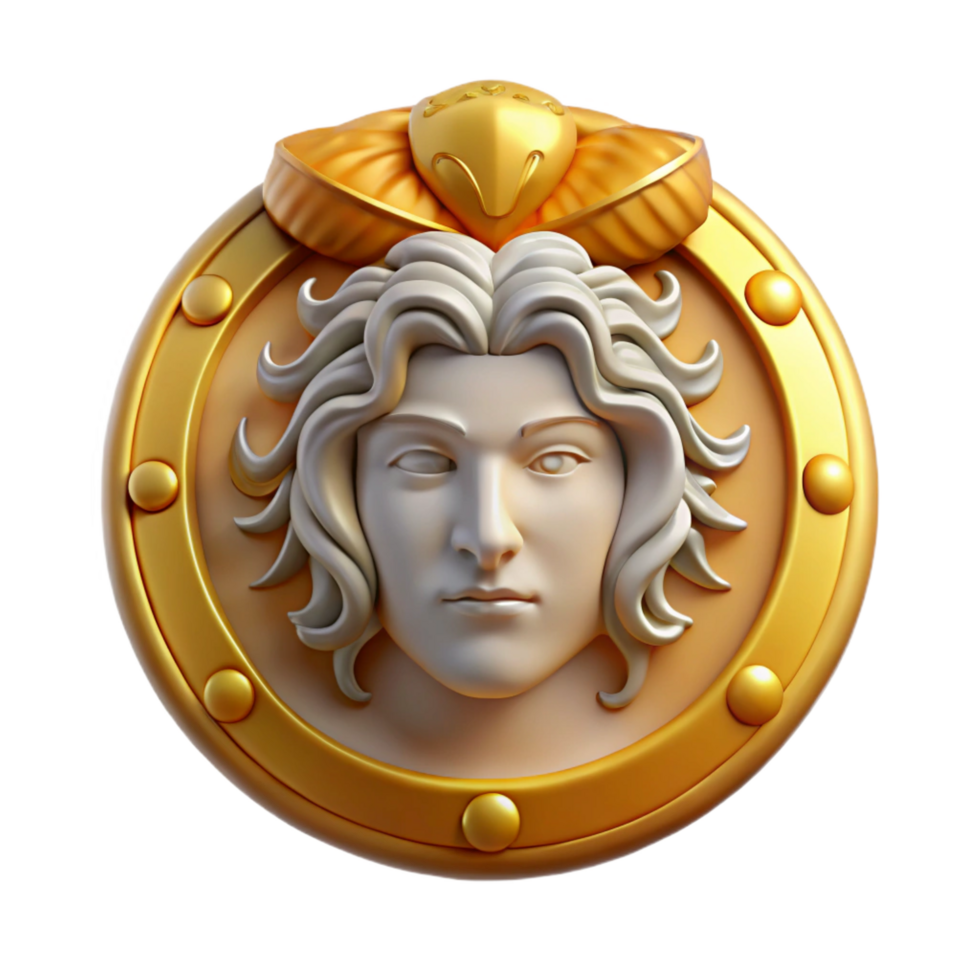 dynamic striking Aegis, shield of Zeus or Athena, adorned with the head of Medusa, NO BACKGROUND with Transparent Background. high resolution png