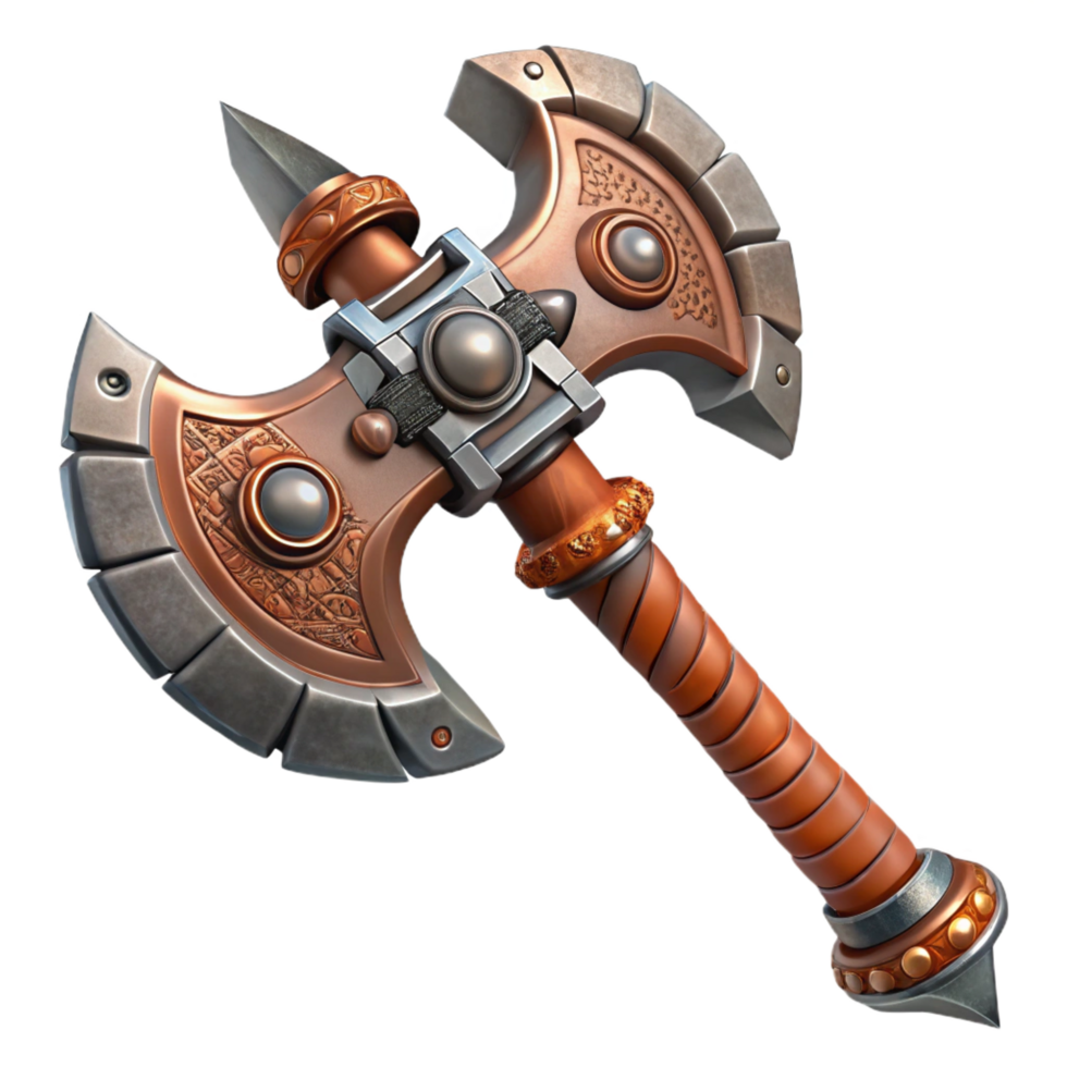 spectacular passionate futuristic Steampunk axe with a double-headed blade and intricate carvings. NO BACKGROUND with Transparent Background. gallery standard png