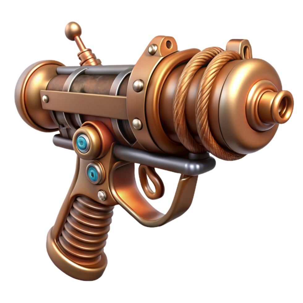 stunning mid-century Steampunk ray gun with copper coils and a wooden handle. NO BACKGROUND with Transparent Background. refined png