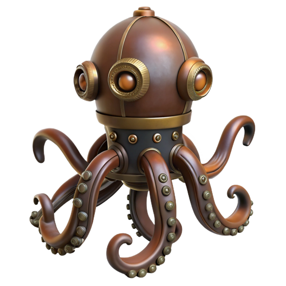 spectacular classic Steampunk octopus automaton with articulated tentacles. NO BACKGROUND with Transparent Background. premium png