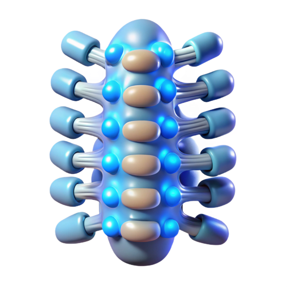 celebrated organic Cybernetically enhanced human spine with glowing nodes NO BACKGROUND with Transparent Background. fine detail png