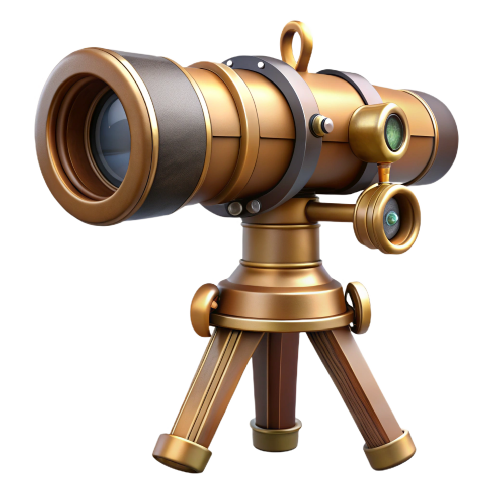 spectacular tranquil modern Steampunk telescope with extendable lenses and a wooden tripod mount. NO BACKGROUND with Transparent Background. elite png