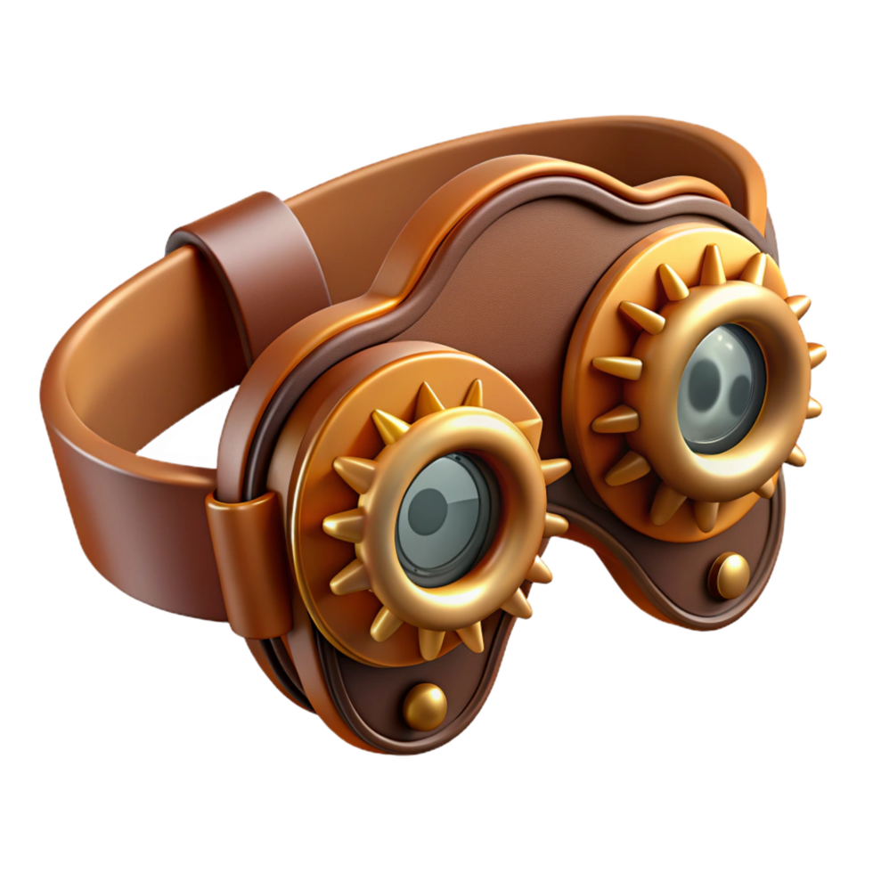 dramatic rustic Steampunk goggles hair clip with intricate gears and leather straps. NO BACKGROUND with Transparent Background. fine detail png
