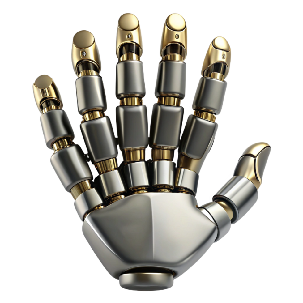 alluring peaceful urban Robot hand, articulated fingers, metallic finish, intricate joints. NO BACKGROUND with Transparent Background. masterfully captured png