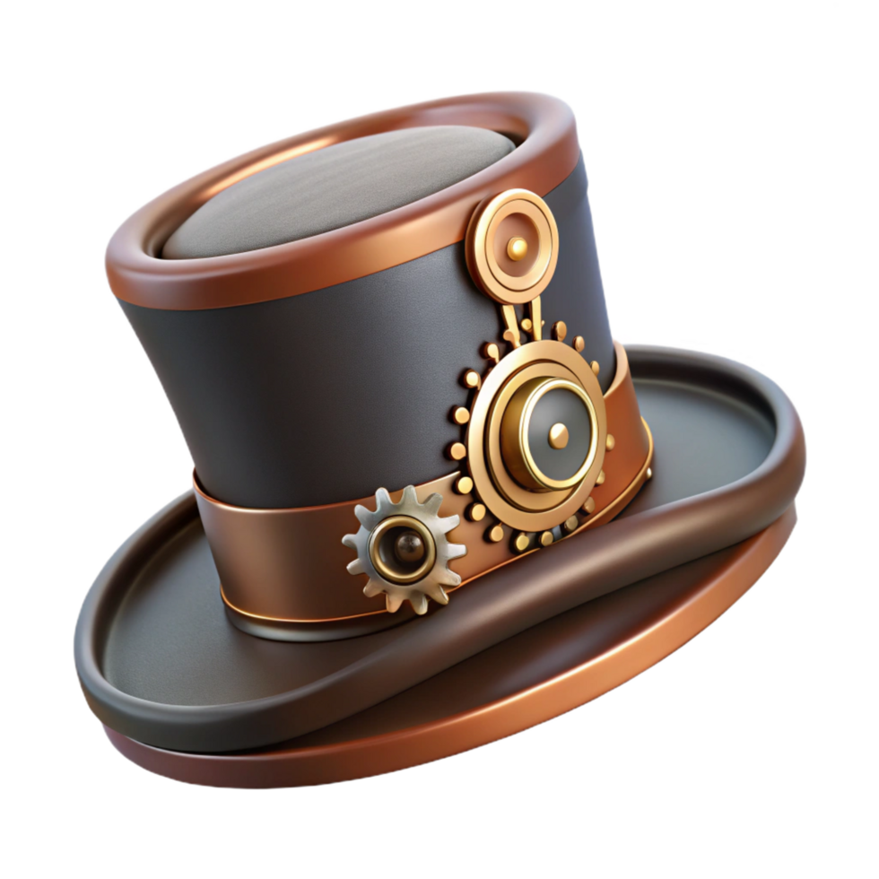 vibrant artistic Steampunk top hat fascinator with miniature gears and feathers. NO BACKGROUND with Transparent Background. precision png