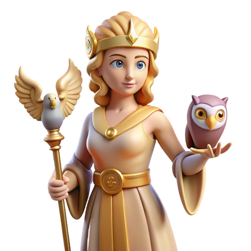 breathtaking mid-century Athena, Goddess of Wisdom, with owl, NO BACKGROUND with Transparent Background. artisan png