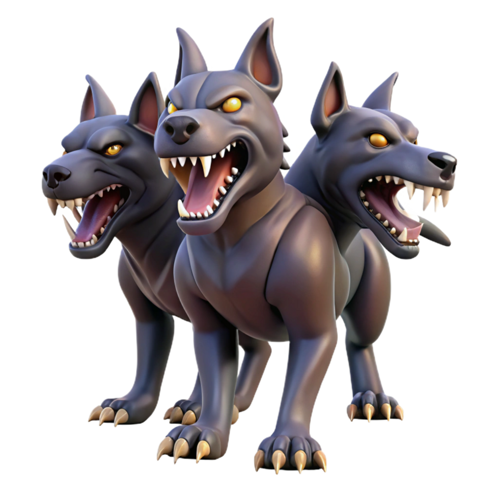 bold vibrant Cerberus, three-headed hellhound, watchful and snarling, NO BACKGROUND with Transparent Background. high quality png